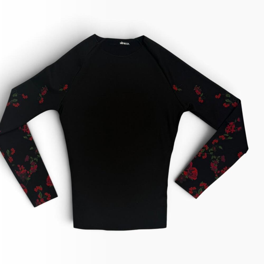 Ultracor Womens S Black Red Floral Long Sleeve Compression Top USA NWOT
